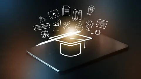 E learning tools and concepts represented with icons on a black tablet with Stock Photos