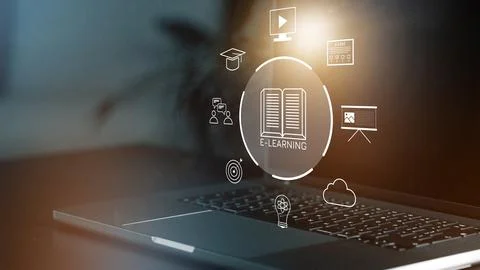 E learning tools and resources on a laptop screen displaying various icons in a Stock Photos