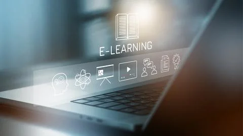 E learning tools are shown on a laptop screen with icons representing different Stock Photos