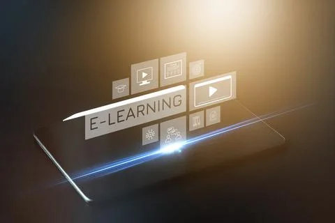 E learning tools displayed on a flat screen with icons representing digital Stock Photos