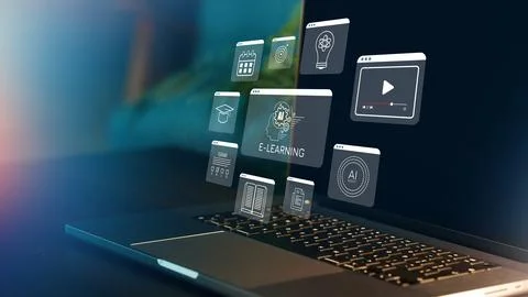 E learning tools displayed on a laptop in a home study environment with various Stock Photos
