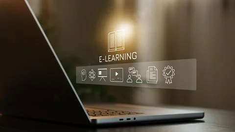 E-learning tools displayed on a laptop in a study room during the afternoon Stock Photos