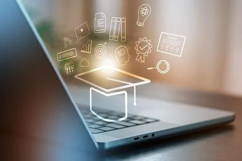 E learning tools on a laptop showing various icons of education and learning Stock Photos