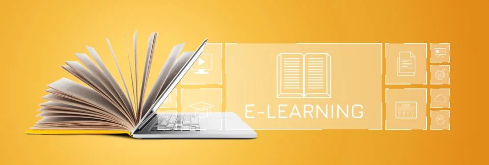 E learning tools with open book and laptop showing digital resources and content Stock Photos