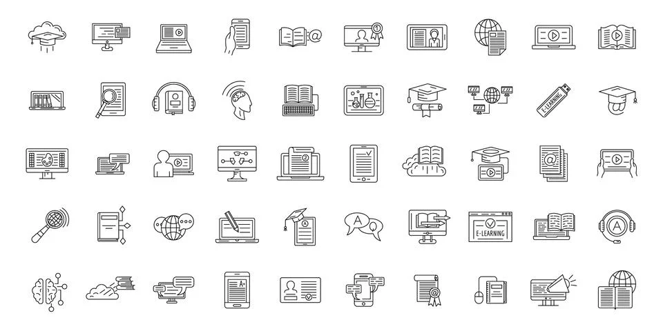 E-learning training icons set, outline style Illustrazione stock