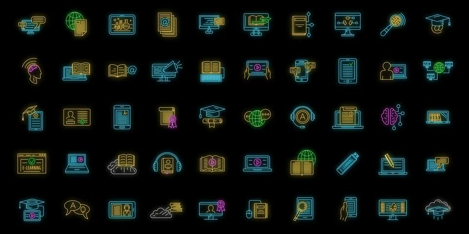 E-learning training icons set vector neon Stock Illustration