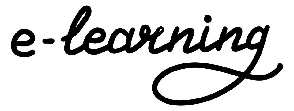 E-learning. Training, learn, courses, education concept. Lettering calligraph Illustrazione stock