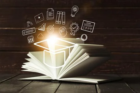 E learning trends with icons above an open book representing knowledge and study Stock Photos