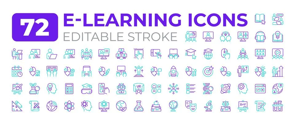 E learning two color line icons set Stock Illustration
