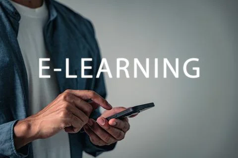 E-Learning using a mobile device shows e academy connection to online educa.. Fotos de archivo