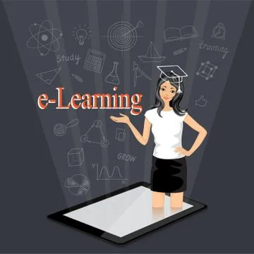 E-learning with virtual girl in the tablet Stock Illustration