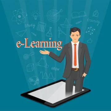 E-learning with virtual man in the tablet Illustrazione stock