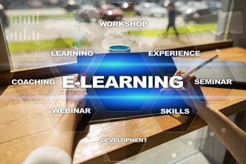 E-Learning on the virtual screen. Internet education concept. Illustrazione stock