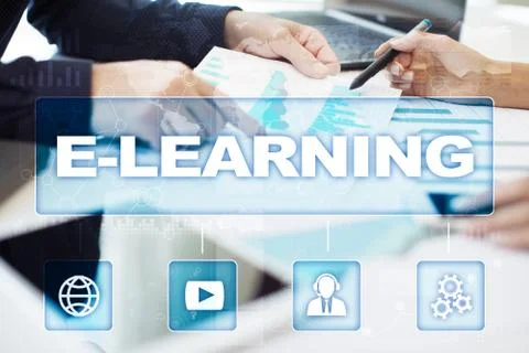 E-Learning on the virtual screen. Internet education concept. Illustrazione stock