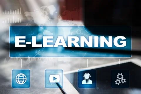 E-Learning on the virtual screen. Internet education concept. Stock Illustration
