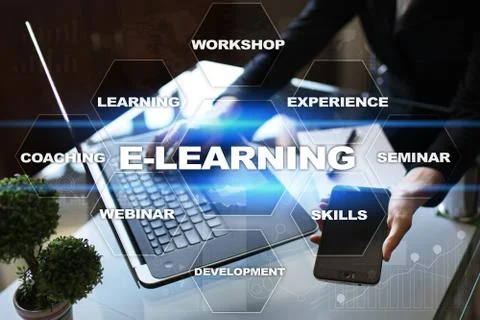 E-Learning on the virtual screen. Internet education concept. Stock Illustration
