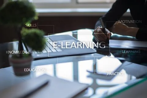 E-Learning on the virtual screen. Internet education concept. Stock Illustration