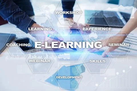 E-Learning on the virtual screen. Internet education concept Stockfoto's