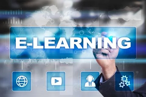 E-Learning on the virtual screen. Internet education concept 库存照片