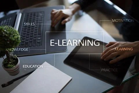 E-Learning on the virtual screen. Internet education concept. 库存照片
