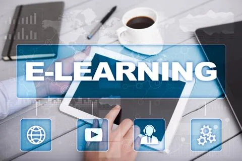 E-Learning on the virtual screen. Internet education concept. 库存照片