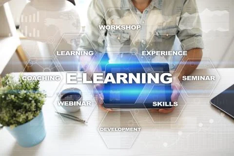 E-Learning on the virtual screen. Internet education concept. Stock-Fotos