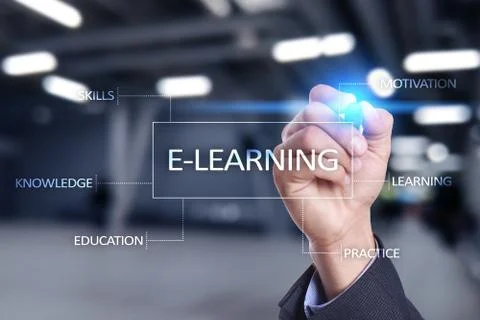 E-Learning on the virtual screen. Internet education concept. 스톡 사진
