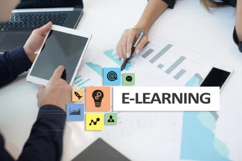 E-Learning on the virtual screen. Internet education concept. Фото