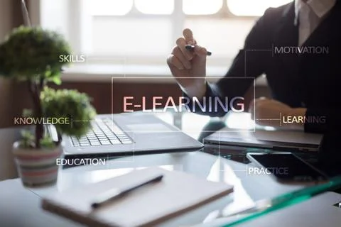 E-Learning on the virtual screen. Internet education concept. Fotos Stock