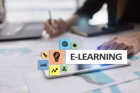 E-Learning on the virtual screen. Internet education concept. Stockfoto's