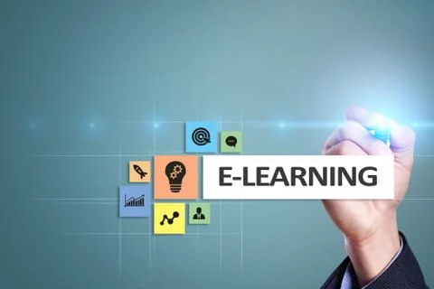 E-Learning on the virtual screen. Internet education concept. 库存照片
