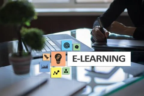E-Learning on the virtual screen. Internet education concept. Stock Photos