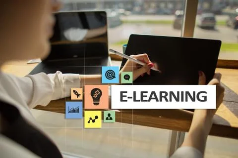 E-Learning on the virtual screen. Internet education concept. Stock-Fotos