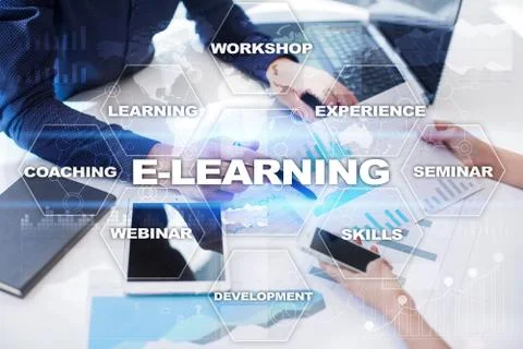 E-Learning on the virtual screen. Internet education concept. 库存照片