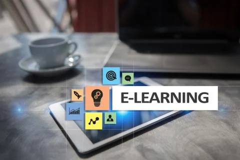 E-Learning on the virtual screen. Internet education concept. Stockfoto's