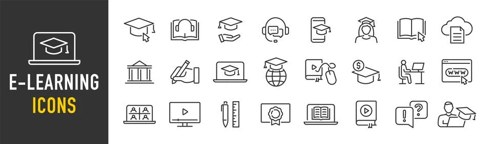 E-learning web icon set in line style. E-book, video tutorial, mentor, dist.. Stock Illustration