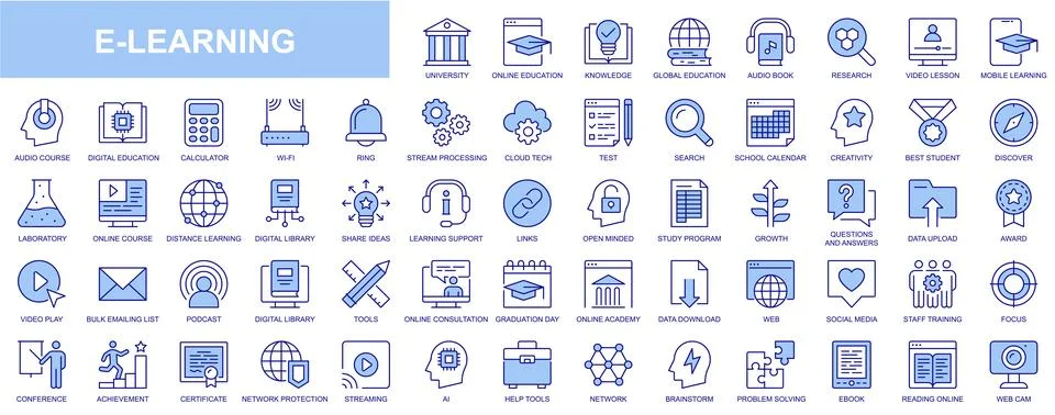 E-learning web icons set in blue line design. Pack of university, online ed.. Stock Illustration