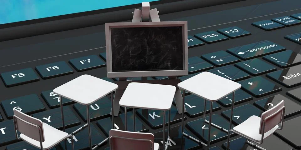 E learning, webinar concept. School desks and a blackboard on a black laptop Stock Illustration