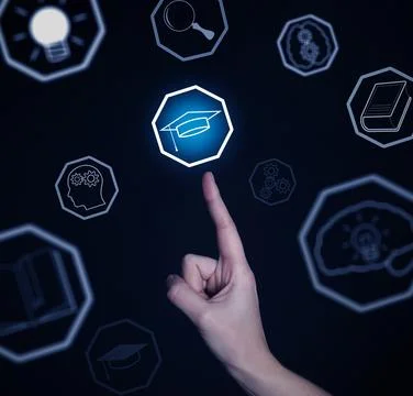 E-learning. Woman using virtual screen with different icons on dark backgro.. Stock Photos