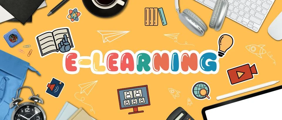 E-learning word, digital tablet, headphone and stationery on yellow background Stock Illustration
