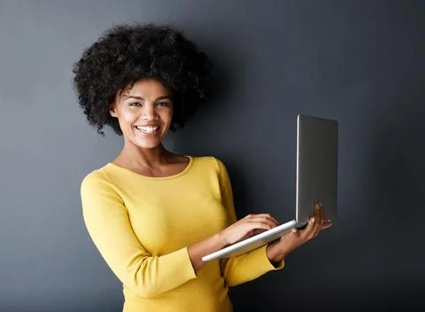 E learning, work and portrait of black woman with laptop, mockup and happiness 스톡 사진