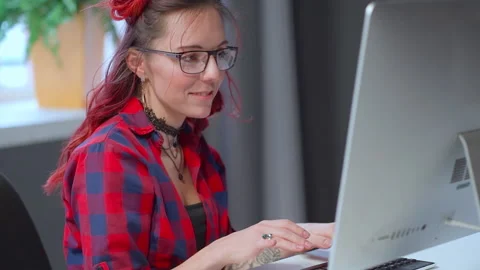 E-learning, Working On Internet concept. Stylish Hipster Female Student Using Stock Footage 169707430
