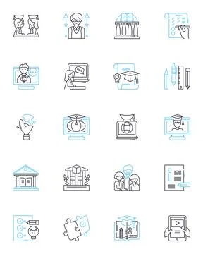 E-learning workshops linear icons set. Online, Interactive, Webinars, Virtual Stock Illustration