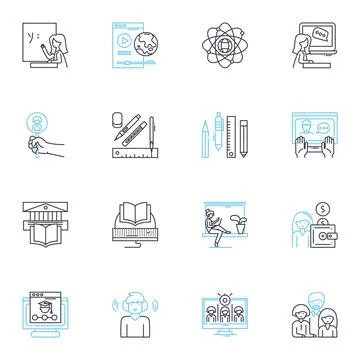 E-learning workshops linear icons set. Online, Interactive, Webinars, Virtual Stock Illustration