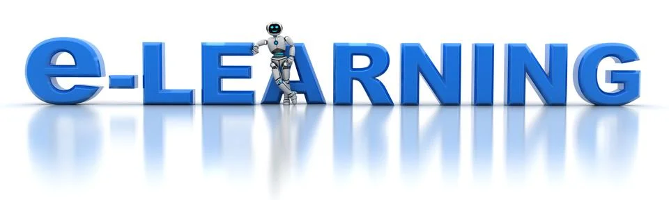 E-learnning and robot (done in 3d) Illustrazione stock