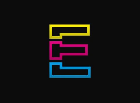 E letter logo, vector desing font .Dynamic cmyk split blue, pink, yellow colo Stock Illustration