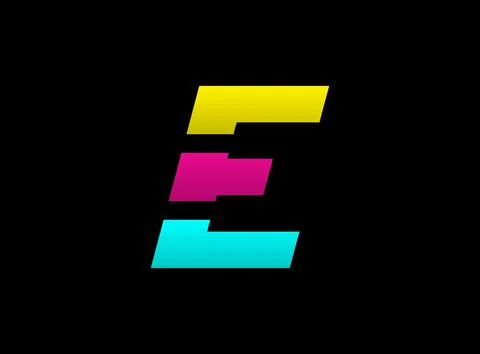 E letter vector desing, Cmyk color font logo, . Dynamic split blue, pink, yel Stock Illustration