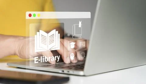 E-library concept. Man use a laptop with virtual Ebook icons for electronic.. Fotos de archivo