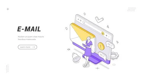 E-Mail banner template. An isometric vector illustration of a woman managing  Stock Illustration