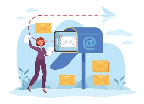 E-mail, digital letter, Internet text broadcast. Woman mail sending and Ilustración de archivo